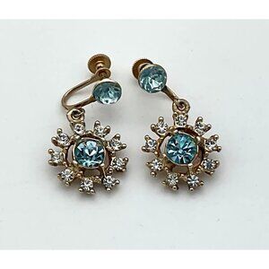 Aqua & White Rhinestone Floral Screw Back Vintage 50s Earrings Gold-Tone